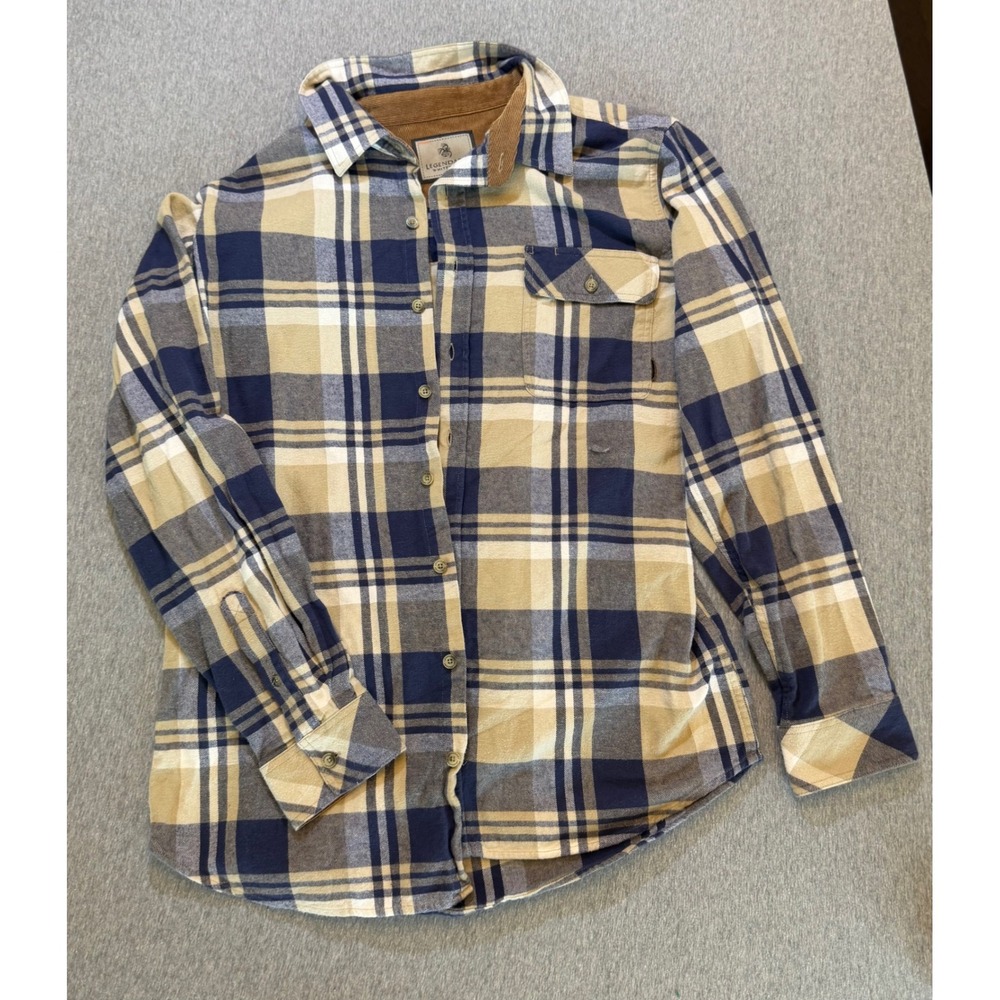 Legendary Whitetails Mens Plaid Flannel Shirt Navy Tan Corduroy Collar LT